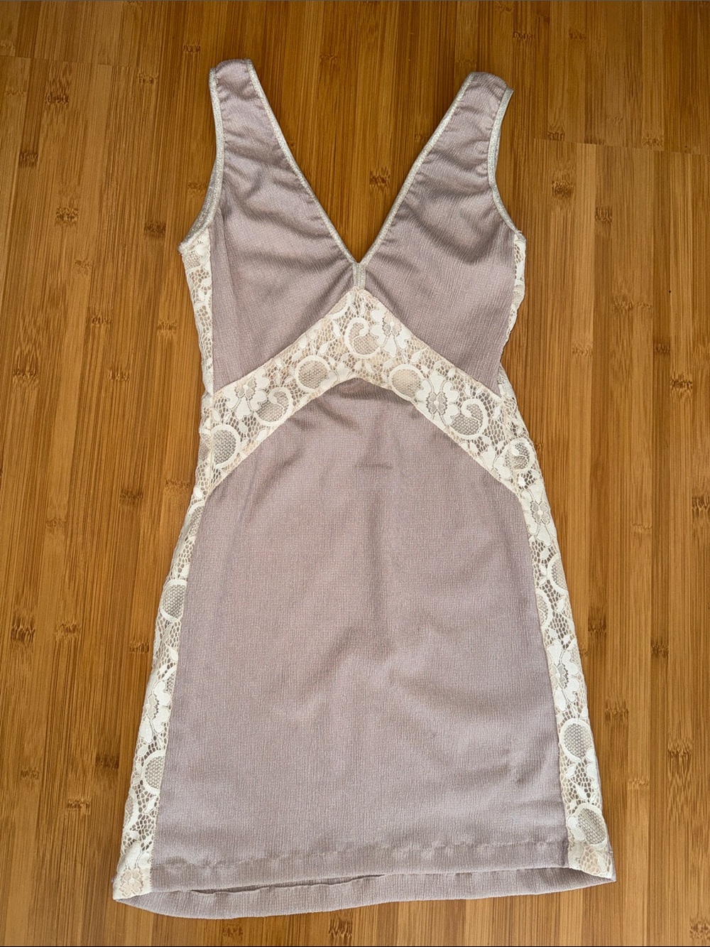 Lace-Trim V-Neck Mini Dress in Beige